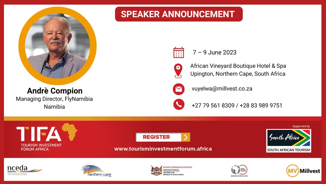 tifa_forum's tweet photo. FlyNamibia's Managing Director, Andrè Compion will speak at the Tourism Investment Forum Africa 2023.

Register at https://t.co/5EaWeWVDLo 
#TIFA2023 #Tourisminvestmentforum #notherncapetourism #Southafricantourism  #Tourisminvestment https://t.co/2IeQf3IjqS