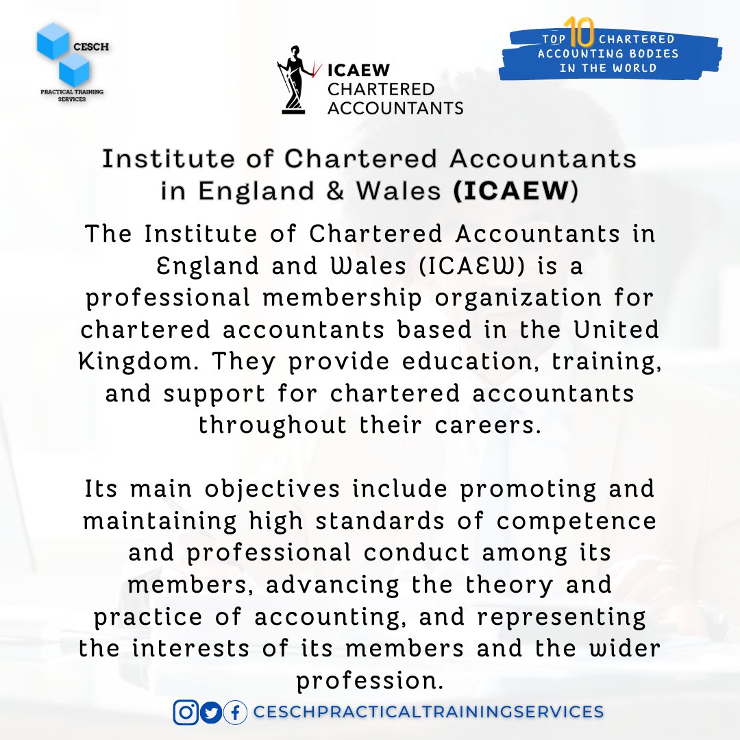 CESCHPTServices's tweet photo. The Top 10 Chartered Accounting Bodies in The World

These organizations provide world-class training, education, and support to help professionals excel in the dynamic field of finance. 

Here's No. 1:

#accounting #finance #professionaldevelopment #charteredaccounting #top10" https://t.co/WuAOYLr8i1