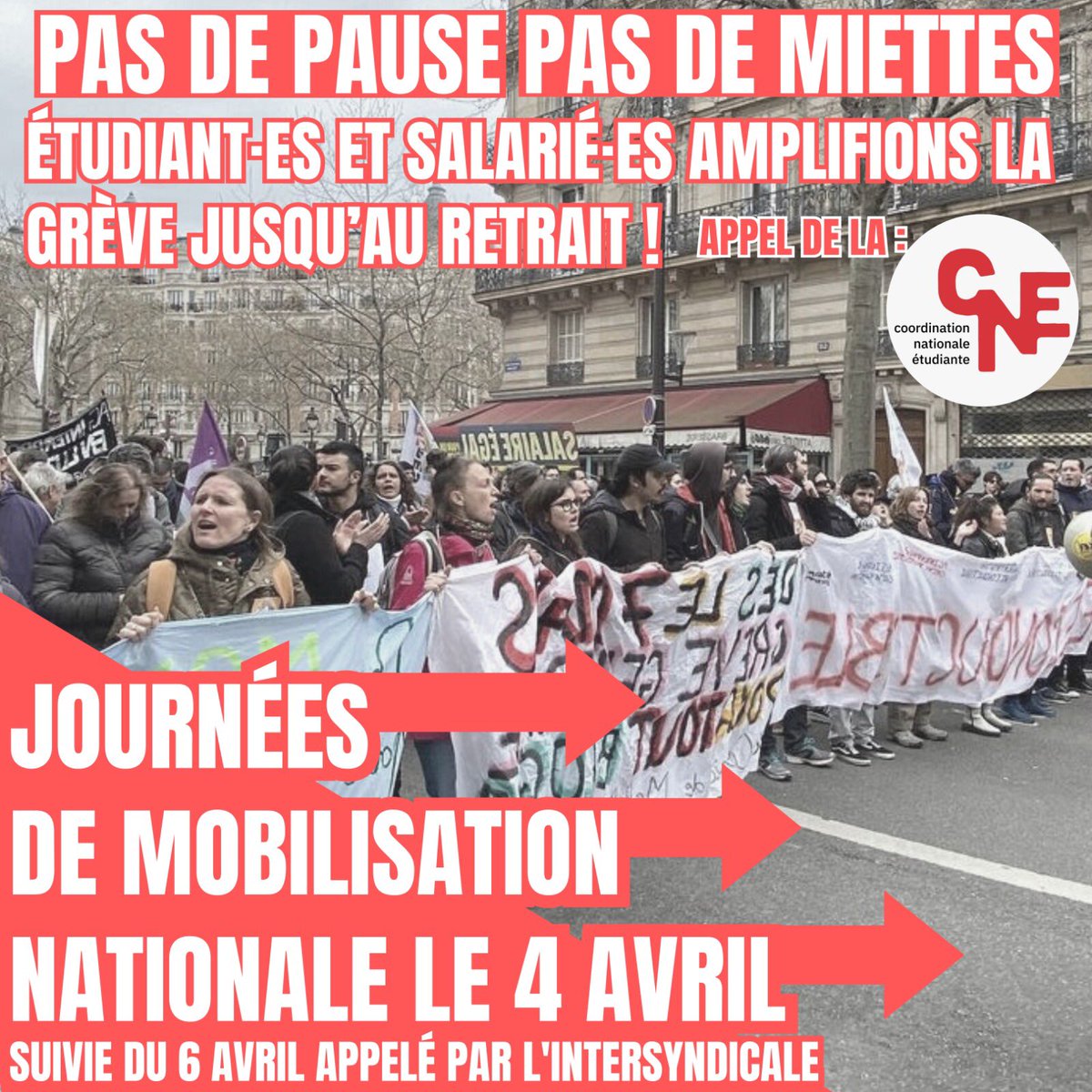 🔴APPEL DE LA 4e COORDINATION NATIONALE ÉTUDIANTE

Pas de pause, pas de miettes, étudiant·e·s et salarié·e·s, 
amplifions la grève jusqu’au retrait !