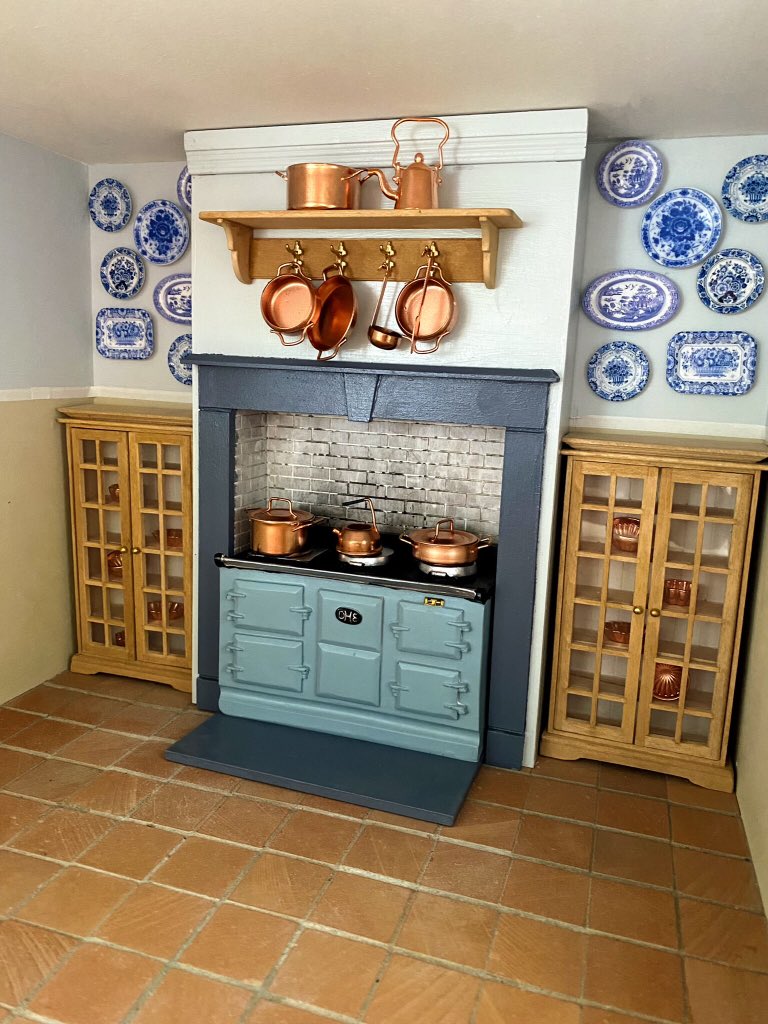 Dolls’ House Kitchen complete! One room down, 11 more to go… Note the full fry up on the Aga because breakfast is the most important meal of the day!