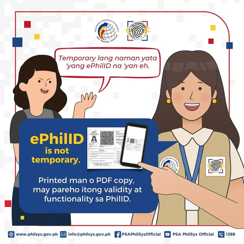PSAgovph's tweet photo. Ang ePhilID ay HINDI temporary ID.
Gaya ng PhilID, ang ePhilID ay tinatanggap bilang valid at sufficient proof of identity sa mga transaksyon sa government agencies o private establishments.
#NationalID #PhilSys #PhilID #ePhilID https://t.co/yD7M6FXY2g