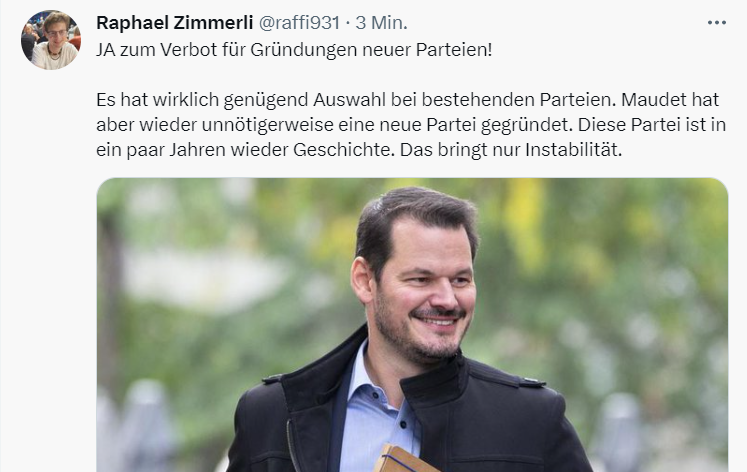 JFAargau's tweet photo. Liebe @JungeMitteAG 

Euer Vorstandsmitglied fordert ernsthaft ein Verbot für Gründungen von neuen Parteien? So eine undemokratische Forderung hat in der Schweiz echten Seltenheitswert und dürfte wohl nur in Diktaturen praktiziert werden. 

Steht ihr etwa hinter dieser Forderung? https://t.co/bWdiJZPtRw