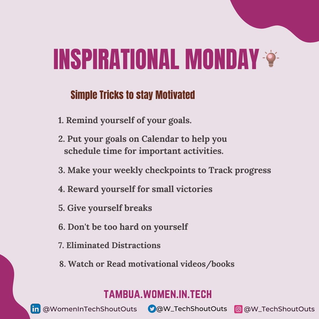 RT @W_TechShoutOuts: INSPIRATIONAL MONDAY 💡. 
Happy Monday!! Stay inspired!💪

#STEM #WomenInSTEM #womenintech #MondayMotivation #womenintechshoutouts #WomenWhoCode #CodeNewbie #InspirationalQuote #motivational #inspirationalMonday #tambuawomenintech …
