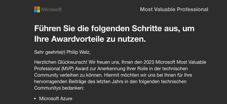philwelz's tweet image. Wow! What a nice email to read on Monday morning. It is an honor to receive the #Microsoft @MVPAward  for Azure!

Special thanks to @nmeisenzahl &amp;amp; @martin_jib for the nomination, support and guidance.

#MVPBuzz #Azure