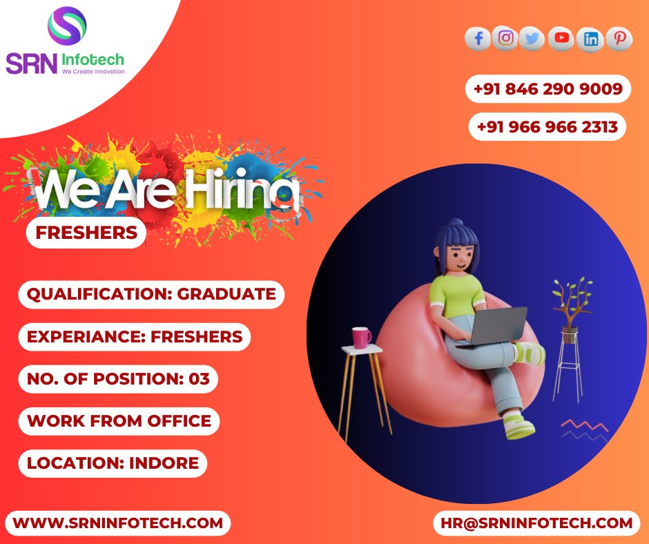 srninfotech's tweet photo. We are hiring for multiple openings for freshers.
Location: Indore
Share your CV at hr@srninfotech.com
Contact Us: +91 8462909009 / 9669662313
Thanks
#hiring #freshers #openings #share #cv #jointeam #indore #srnteam #srninfotech https://t.co/6nFm3uDaHu