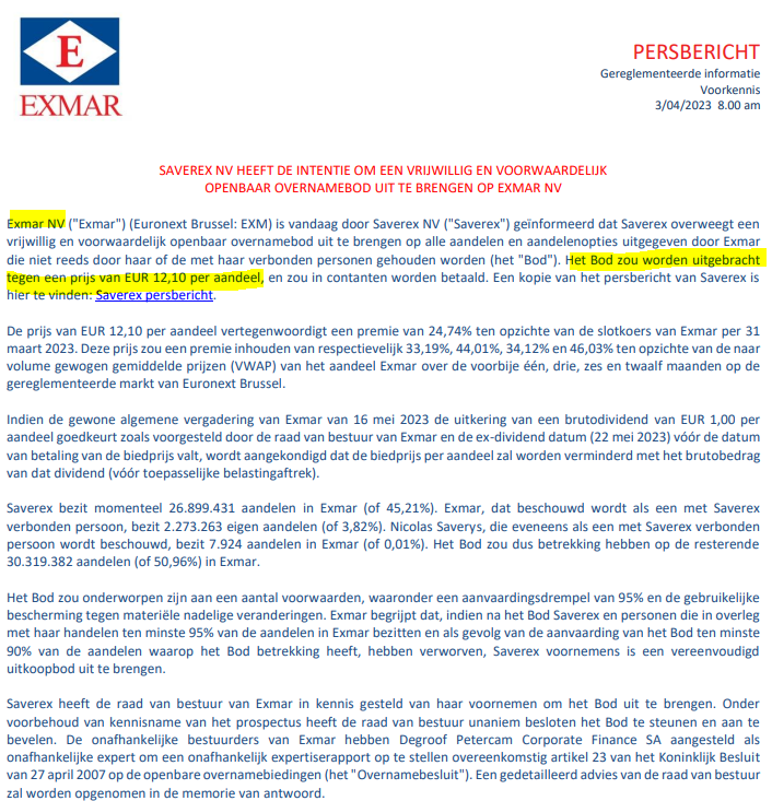 TSimonts's tweet photo. Big news : #Saverex lanceert bod van €12 per aandeel op #Exmar ! https://t.co/rvnLpBxLZF
