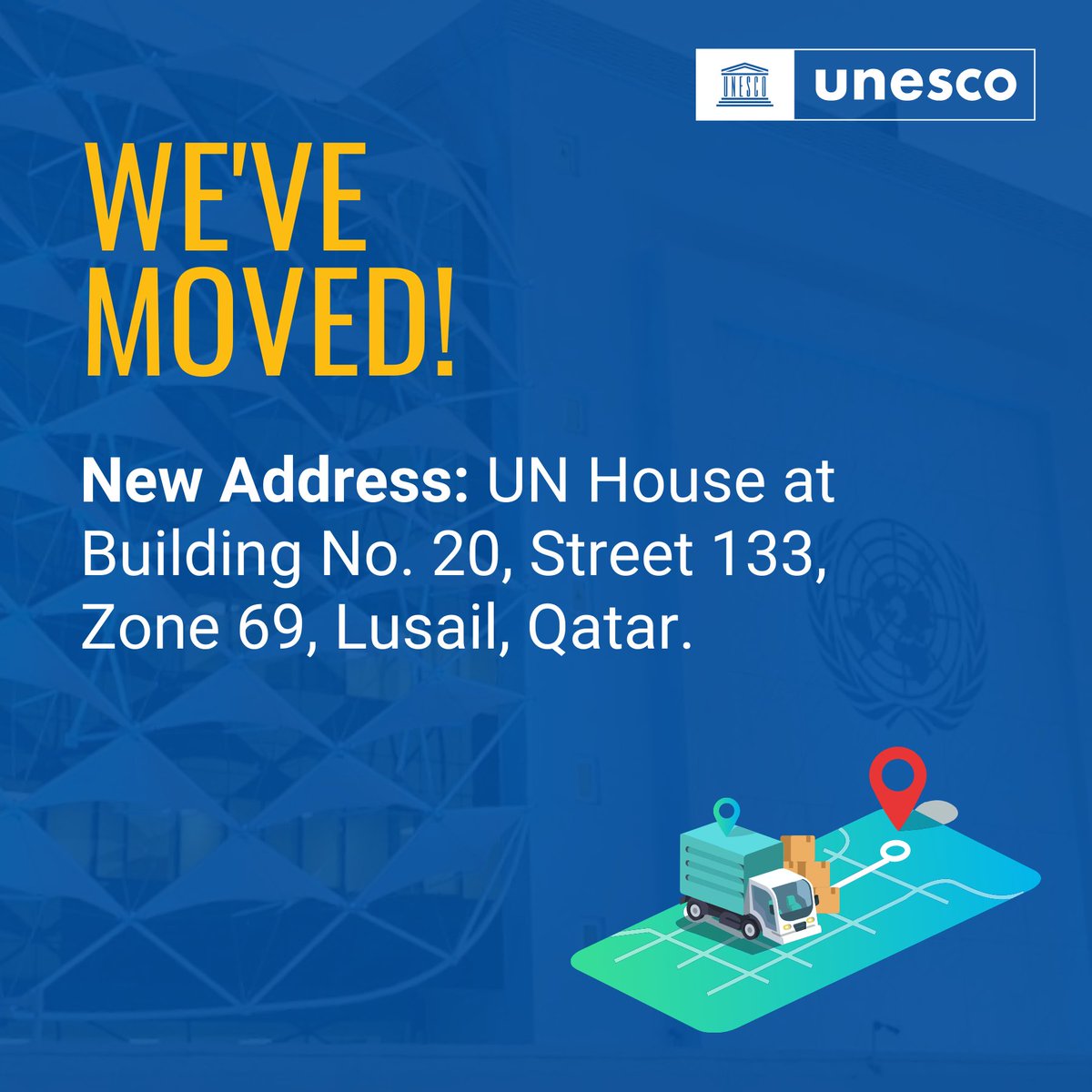 UNESCO_GCCYemen's tweet image. We are excited to announce the relocation of the @UNESCO_GCCYemen office in Doha to a newly inaugurated United Nations House.
📍UN House at Building No. 20, Street 133, Zone 69, Lusail, #Qatar.