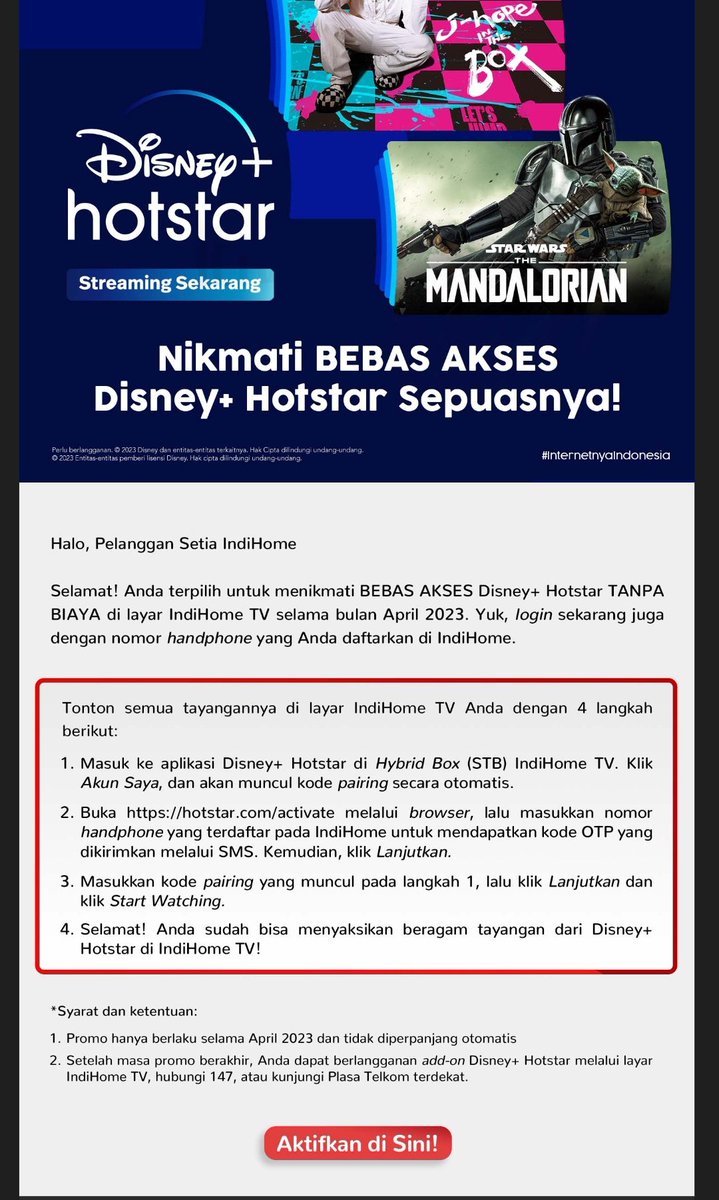 dennicandra_'s tweet photo. @IndiHomeCare saya dapat email mendapatkan free akses Disney Hotstar, tetapi setelah saya coba aktifkan tidak bisa. Bagaimana ini caranya? https://t.co/wuNRYuSXr8