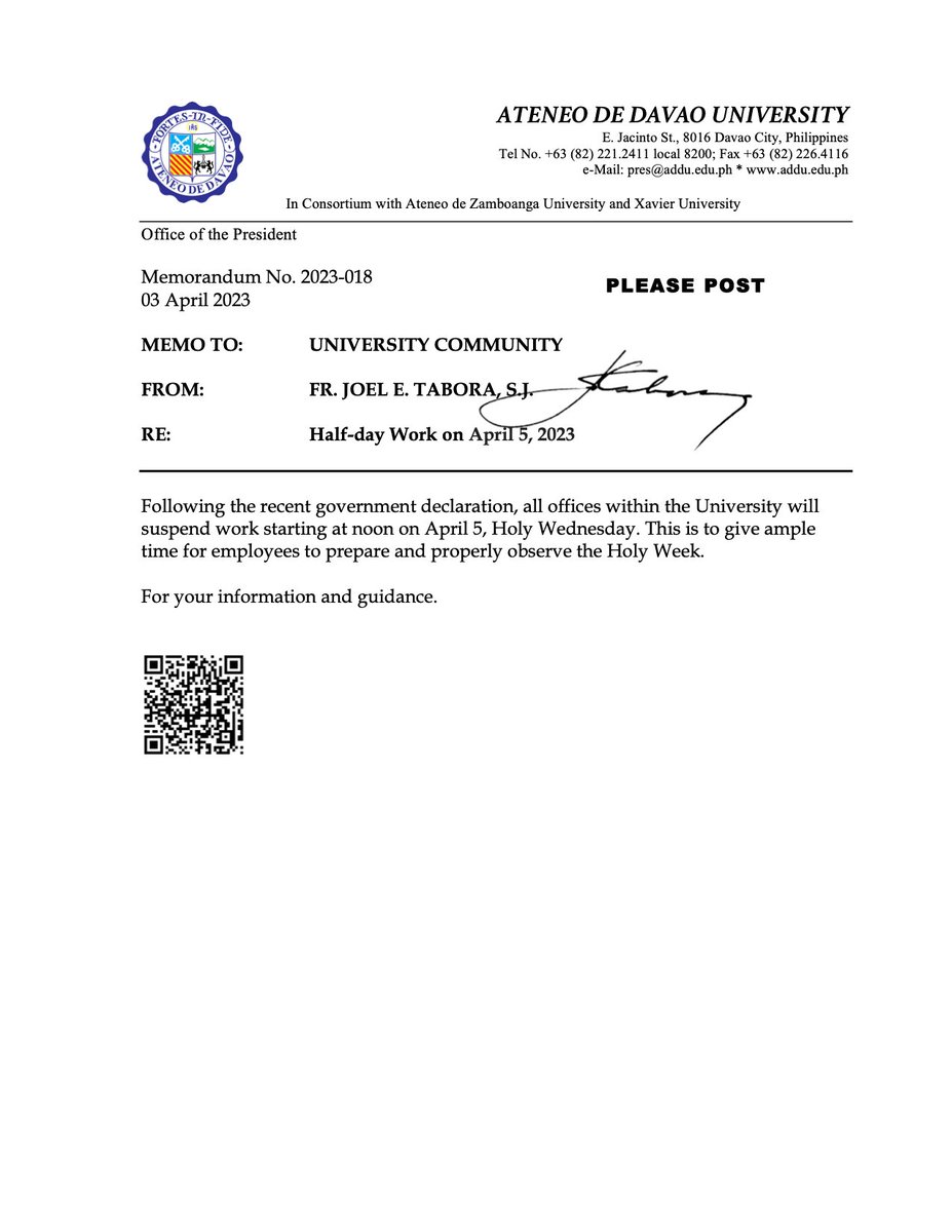 ADDU_Official's tweet photo. ANNOUNCEMENT | HALF-DAY WORK on April 5

Following the recent government declaration, all offices within the University will suspend worth starting at noon on April 5, Holy Wednesday. This is to give ample time for employees to prepare and properly observe the Holy Week. 

For your information and guidance.