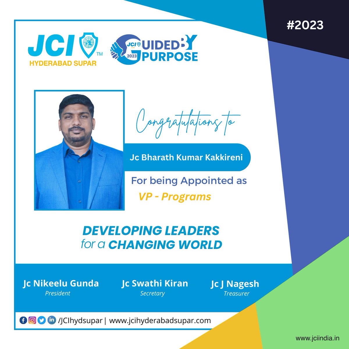 jcihydsupar's tweet photo. Congratulations to Jc Bharath Kumar Kakkireni for being Appointed as VP - Programs for the Year 2023. 🥳 🎉 🤩 😍⭐ 💫 ⚡ 

- Team JCI Hyderabad SUPAR

#JCIHyderabadSUPAR #JCIIndia #GuidedbyPurpose https://t.co/Swv2KU4YfD