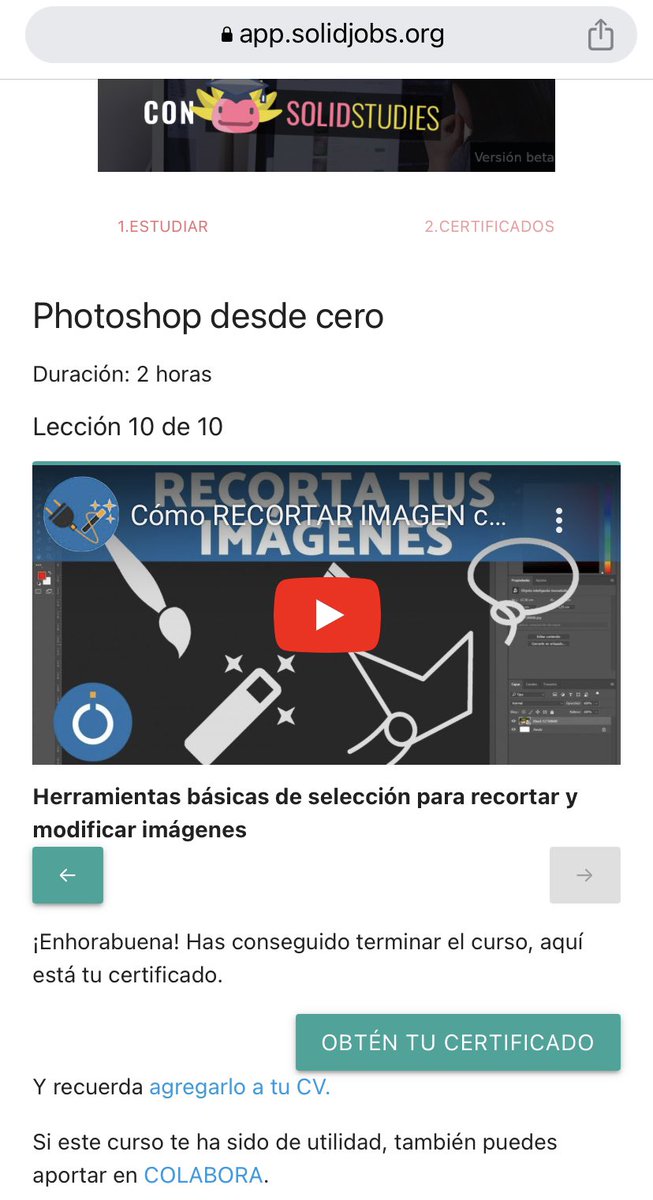SolidJobsOrg's tweet photo. Cómo usar SolidStudies:

- Accedes desde https://t.co/oNinDNtozR
- Insertas el curso que quieres hacer: “Photoshop desde 0”.
- Tienes un curso de 10 lecciones. Puedes avanzar cuando lo hayas visto en el cuadrado de abajo.
- Al final del curso, tienes tu certificado.

🧑‍🎓📚📖 https://t.co/cAjQI1sDZp