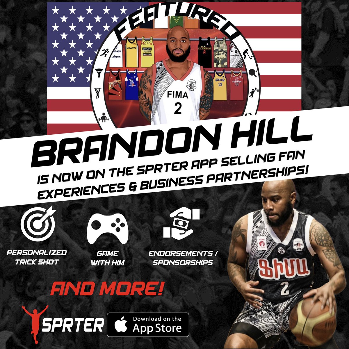 sprterapp's tweet photo. Today's #FeaturedSporter on our sport experience app #SPRTER ➡️🇺🇸🏀player Brandon Hill 🔥
Try the #SPRTERapp to learn more about Brandon, the experiences he offers in his #ExperienceStore & all the other🔝athletes on our app!
#sporter #basketball #nil #clubsameji #domrep https://t.co/M801OuaWMi