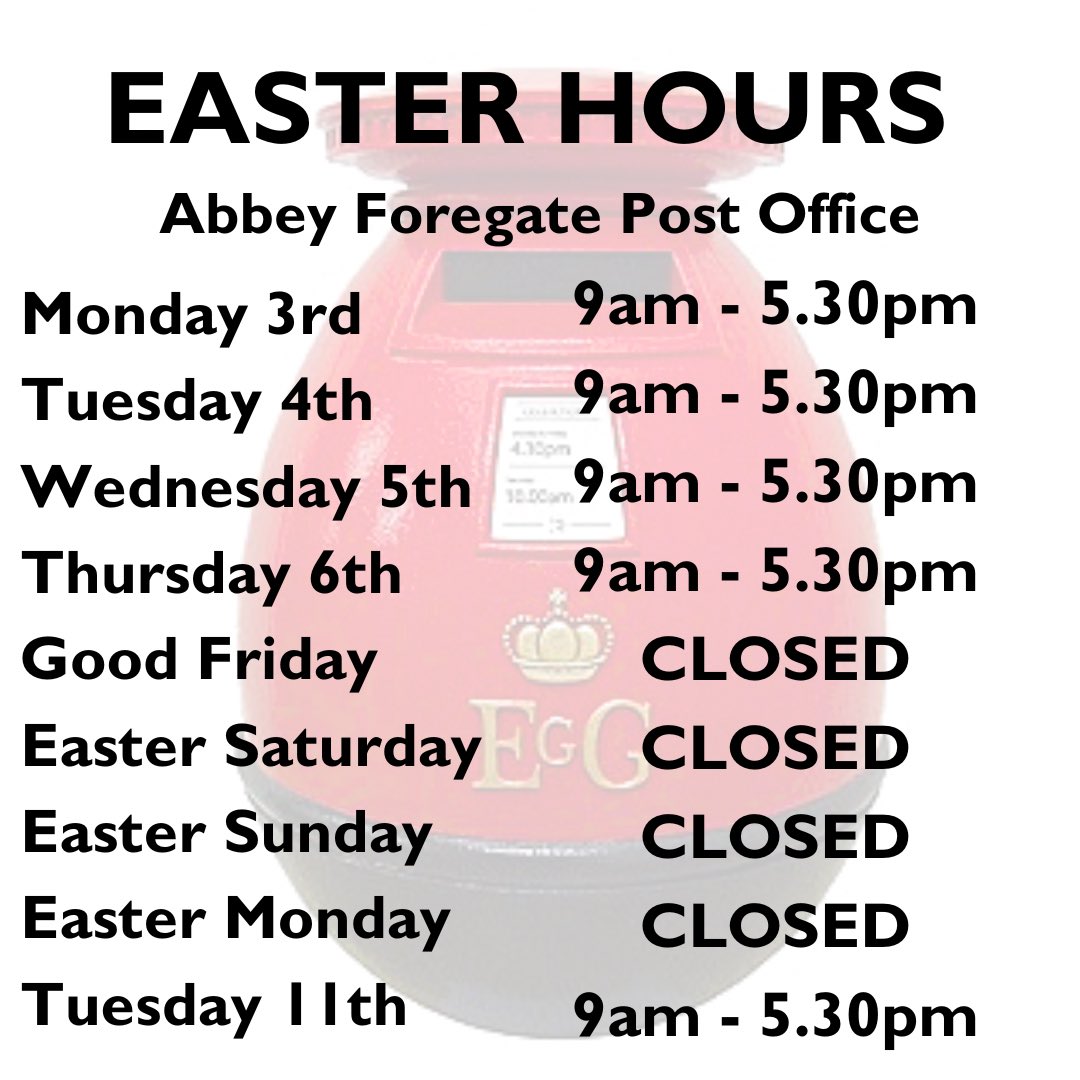 abbeyforegatePO's tweet photo. The first of two 4 day weeks for us - same great service - just squished into 4 days 😆

Mon to Thurs 9am - 5.30pm

#postoffice #easteropening #abbeyforegate #shrewsbury #giftshop #passports #euros #currency #eastergifts https://t.co/Wxn4oe5WEI