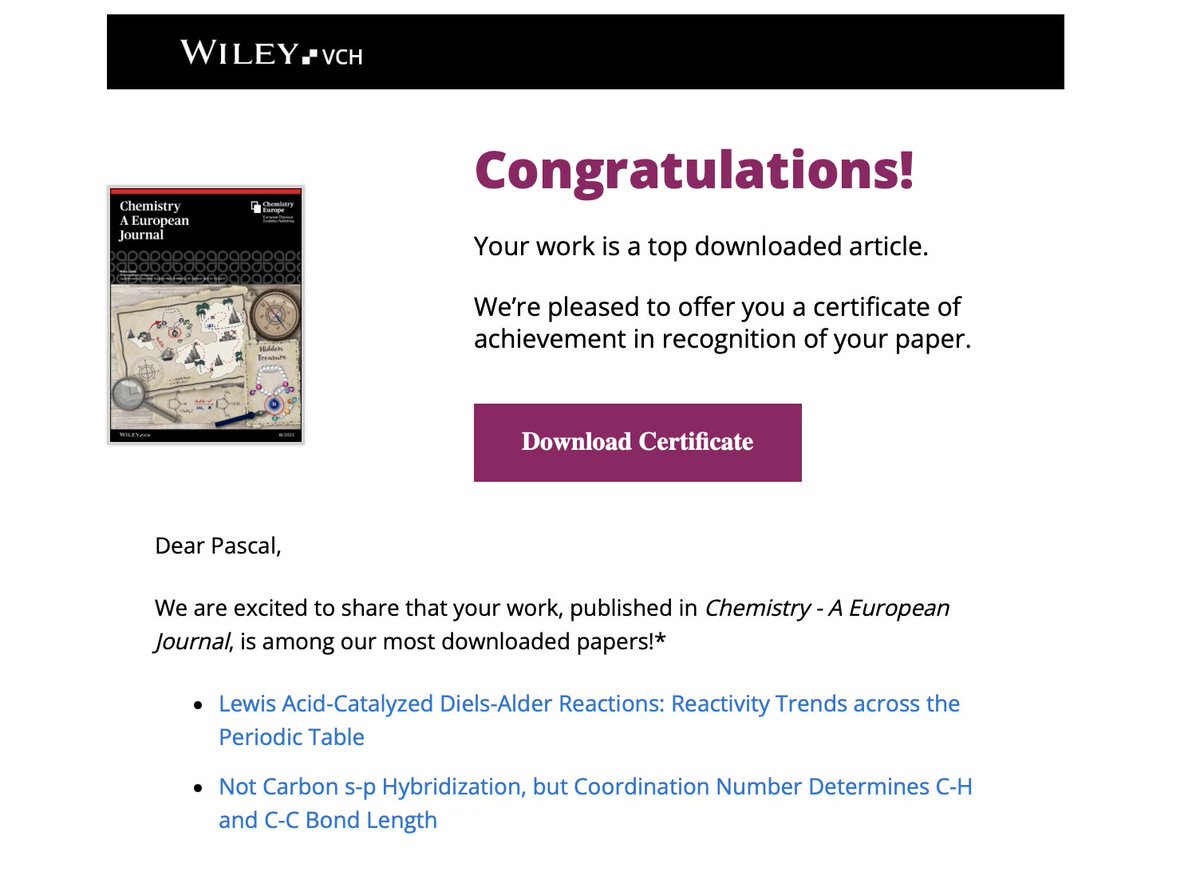 Excited to see two of our @ChemEurJ papers as #TopDownloadedArticle in 2022!! 🎉🎉

LA-cat DA reactions: doi.org/10.1002/chem.2…
Nature of C–H and C–C bonds: doi.org/10.1002/chem.2…

@TrevorAHamlin @fmbickelhaupt @CeliaFGuerra @isra_group @MTiezza @VU_TheoCheM