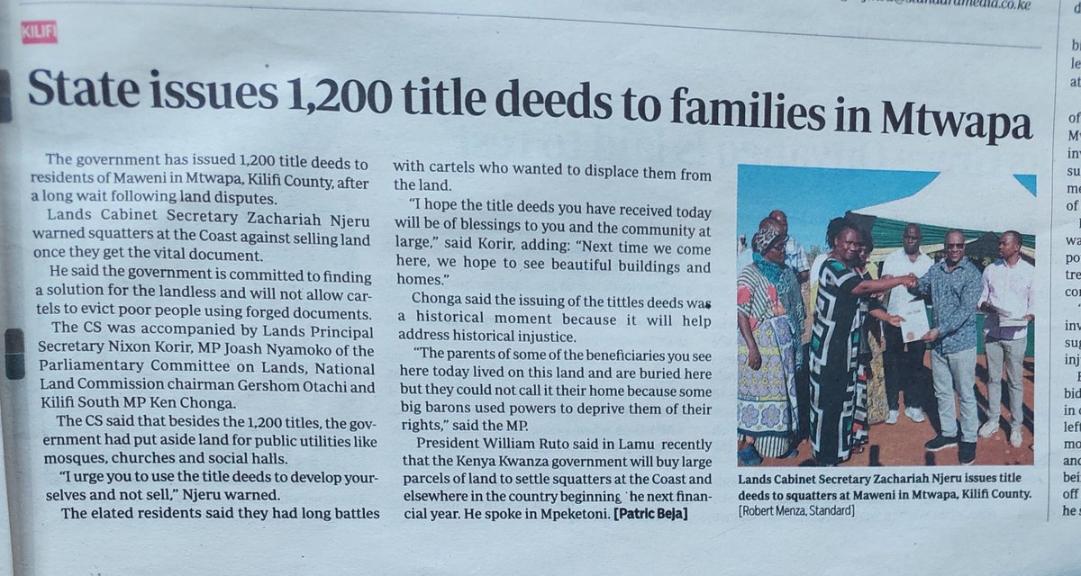 #TenureSecurity

Government issues titles to residents of Maweni, Mtwapa, #KilifiCounty. Way to go with the #KenyaCoast.

<a href="/CS_Njeru/">Hon Zachariah Mwangi Njeru</a> <a href="/Lands_Kenya/">Min. of Lands, Public Works, Housing & Urban Devt.</a> <a href="/NLC_Kenya/">National Land Commission</a> <a href="/GideonMungaroM/">Gideon M. Mung'aro, OGW</a>