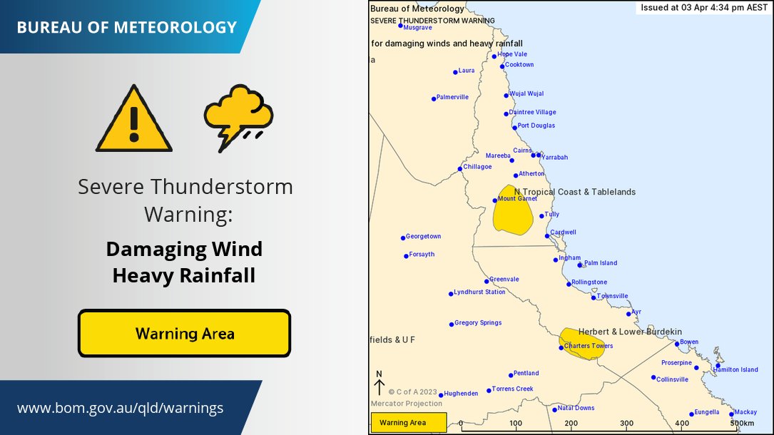 BOM_Qld's tweet image. ⚠️The Severe Thunderstorm Warning has been updated to include #Mingela, #Ravenshoe and east of #ChartersTowers, for damaging winds and heavy rainfall through parts of northeast #Qld.
For warning updates, see: ow.ly/NUgK50NyeqH 
or the Bureau's app: bom.gov.au/app/
