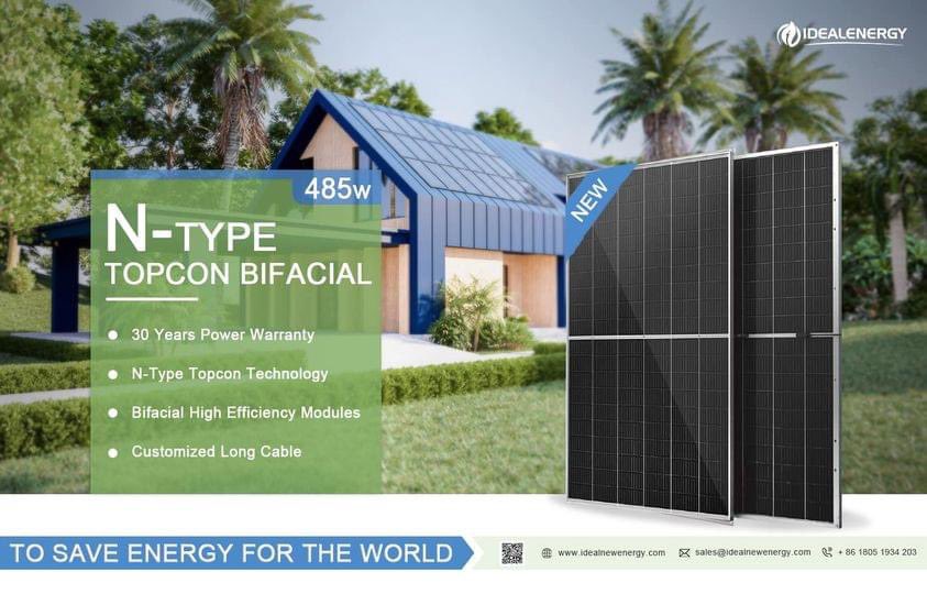 Ideal Solar’s n-type modules based on the leading n-type TOPCon cell technology. Explore with us the key advantages of the Bifacial 485w
Better Temperature Coefficient 
Wider Applicability
Lower LCOE
Better Weak Illumination Response 
WhatsApp;+86 18051934203