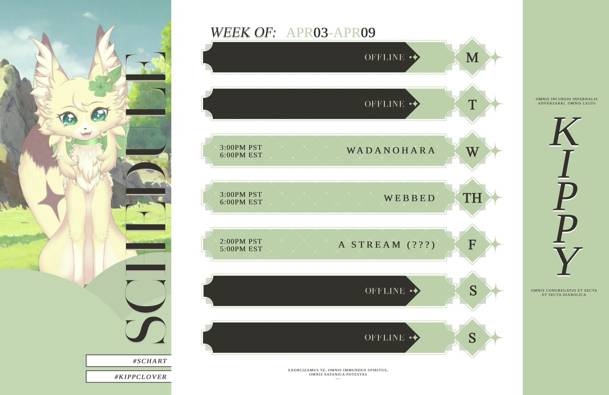 KippClover's tweet photo. 🍀Weekly Schedule: 4/03 - 4/09✨
✧GENERAL: #kippclover
✧ART TAG: #schart
✧ MEMES: #schipperkiddin
✧#vtuber✧#ENVtuber✧ #VTuberEN
Links in next tweet due to algorithm bits and bobs⤵️ https://t.co/wTl12qmRY5