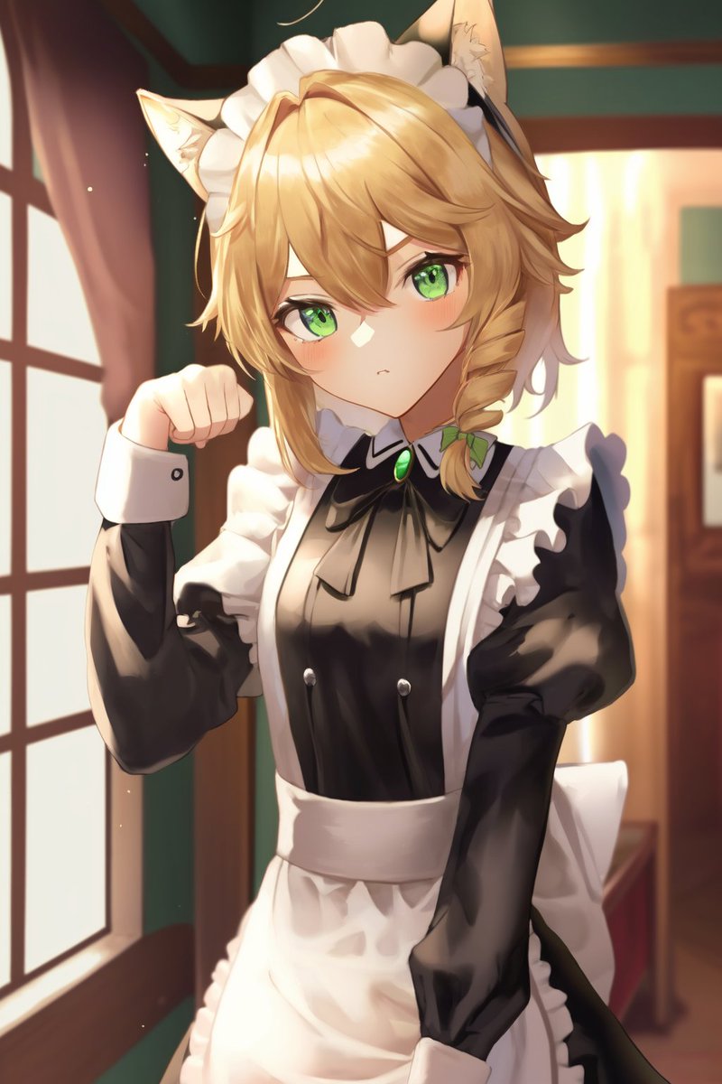 1girl animal ears solo green eyes maid apron blonde hair  illustration images
