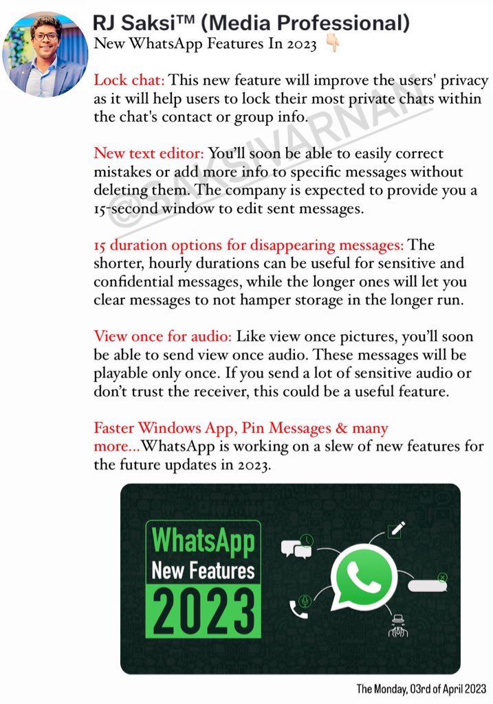 saksivarnan's tweet photo. New #WhatsApp Features In 2023 👇🏻
#Lockchat, New #texteditor, 15 duration options for #disappearing messages, #Viewonce for audio, Faster #Windows #App, Pin Messages & many more... https://t.co/4sh63U3jnC