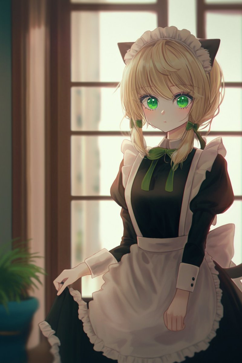 1girl animal ears solo green eyes maid apron blonde hair  illustration images