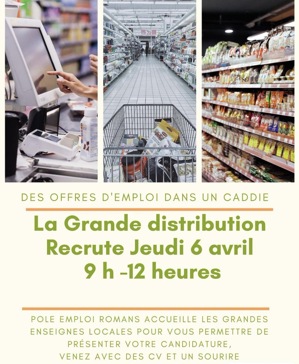 DuchampMichel1's tweet photo. ✅#AvecPoleEmploi Romans
👉Vous recherchez un emploi dans la grande distribution RDV lors de notre forum au @pole_emploi Romans le jeudi 6/04 matin
👉 Venez nombreux avec votre CV et votre sourire 😀
Inscription possible mais pas obligatoire via 👉 https://t.co/91Etxi7dhd https://t.co/Wa557XQk8H