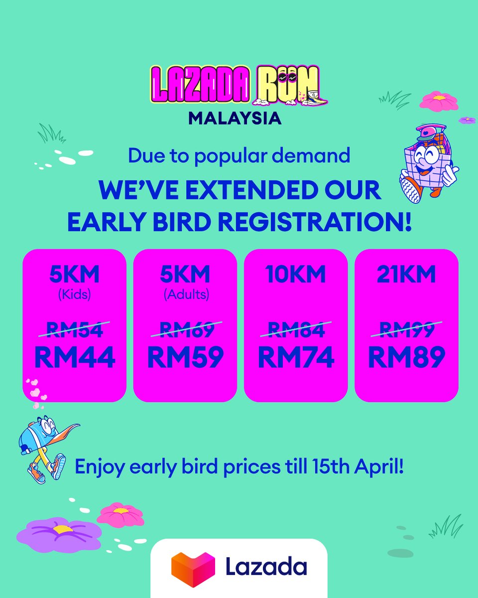 LazadaMY's tweet photo. Thatโs right! Early bird registration is extended till 15 April! Register now!๐
Jom register! ๐ https://t.co/HzwtoMk3j3
#LazadaRunMY #LazadaRun2023 #AddFitnessToLife #AddFunToLife https://t.co/4ZUALNy8B0