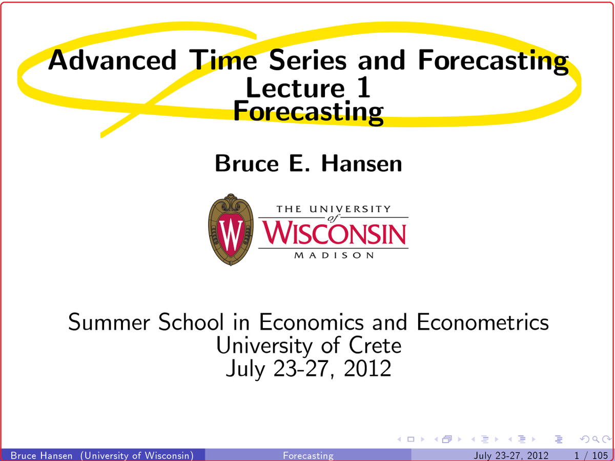 CavaliereGiu's tweet photo. Hi #EconTwitter!

Interested in 𝐭𝐢𝐦𝐞 𝐬𝐞𝐫𝐢𝐞𝐬 #econometrics and forecasting?

Check out the material from @BruceEHansen's (@UWMadison) course "Advanced Time Series and Forecasting", which includes 500 slides covering most aspects on this topic.

Highly recommended! https://t.co/G0t6PqRLB5