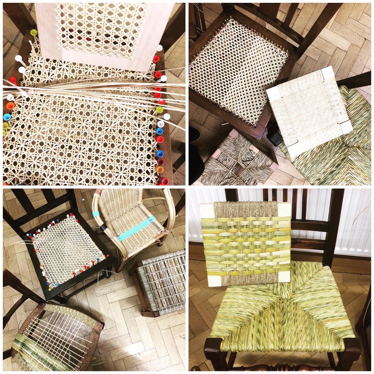 south_rachael's tweet photo. Some wonderful work from  The Basketmakers Association students. They all achieved some much over our the few days we had together!! #seatweaving #chaircaning #rushseating #willowseats #seagrass #danishpapercord #wovenseats #chairseating #rattan #basketmakersassociation https://t.co/NpK4ZzeFUZ