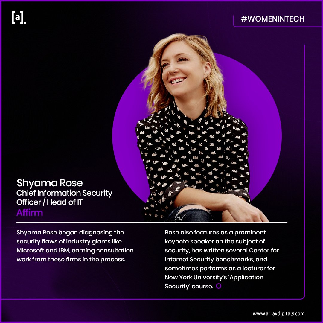 array_digitals's tweet image. This Monday's #WomenInTech is none other than Shyama Rose!

She has worked as a consultant for Microsoft and IBM on security flaws, and she has written several benchmarks for the Center for Internet Security. 

#ArrayDigitals #MondayFeature #techology #tech #industry