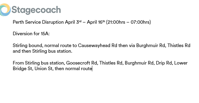 Please see below diversion for 15A from Monday April the 3rd until April the 16th from 21:00 until 07:00.