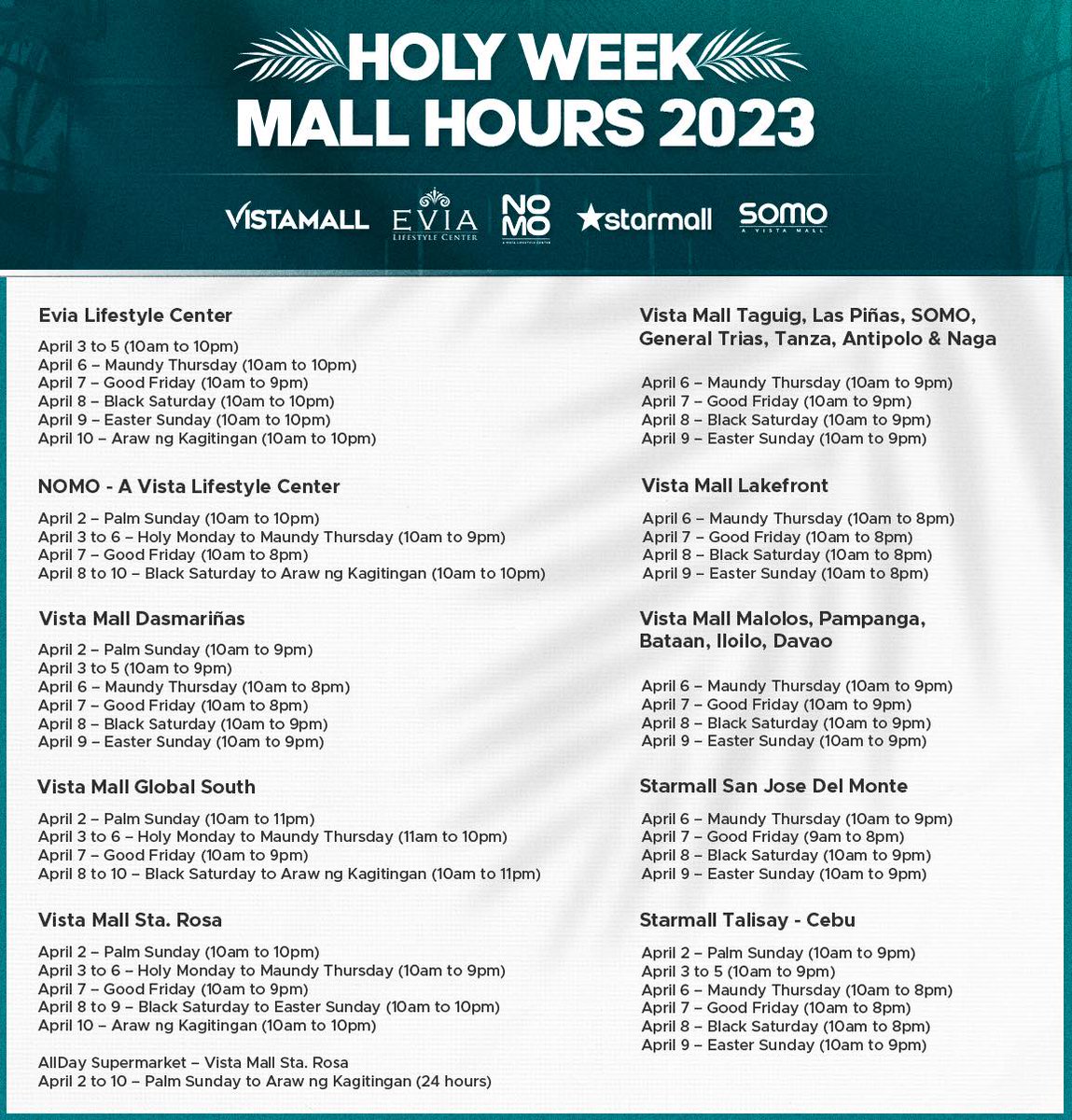 Plan your Holy Week mall trips ahead! Check out the 2023 operating hours of Vista Mall, Starmall, and Lifestyle Centers, from Palm Sunday to Araw ng Kagitingan.
