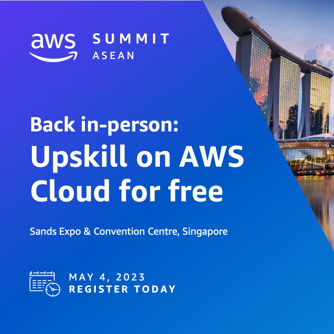 #AWSSummit ASEAN is back in-person and seats are running out fast! 📢 Whether you are a cloud rookie or an experienced user, join us at Sands Expo & Convention Centre on May 4 to accelerate your #cloudlearning. Ready to secure your seat? Register now 👉 …