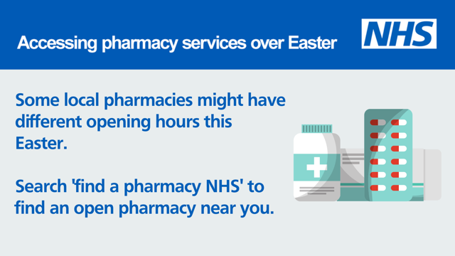 As you plan for the Easter bank holiday weekend, please ensure you’ve got enough prescription medication left – it can take a couple of days for a repeat prescription to come through and you don’t want to run out! 
Find a pharmacy 👉 nhs.uk/service-search…