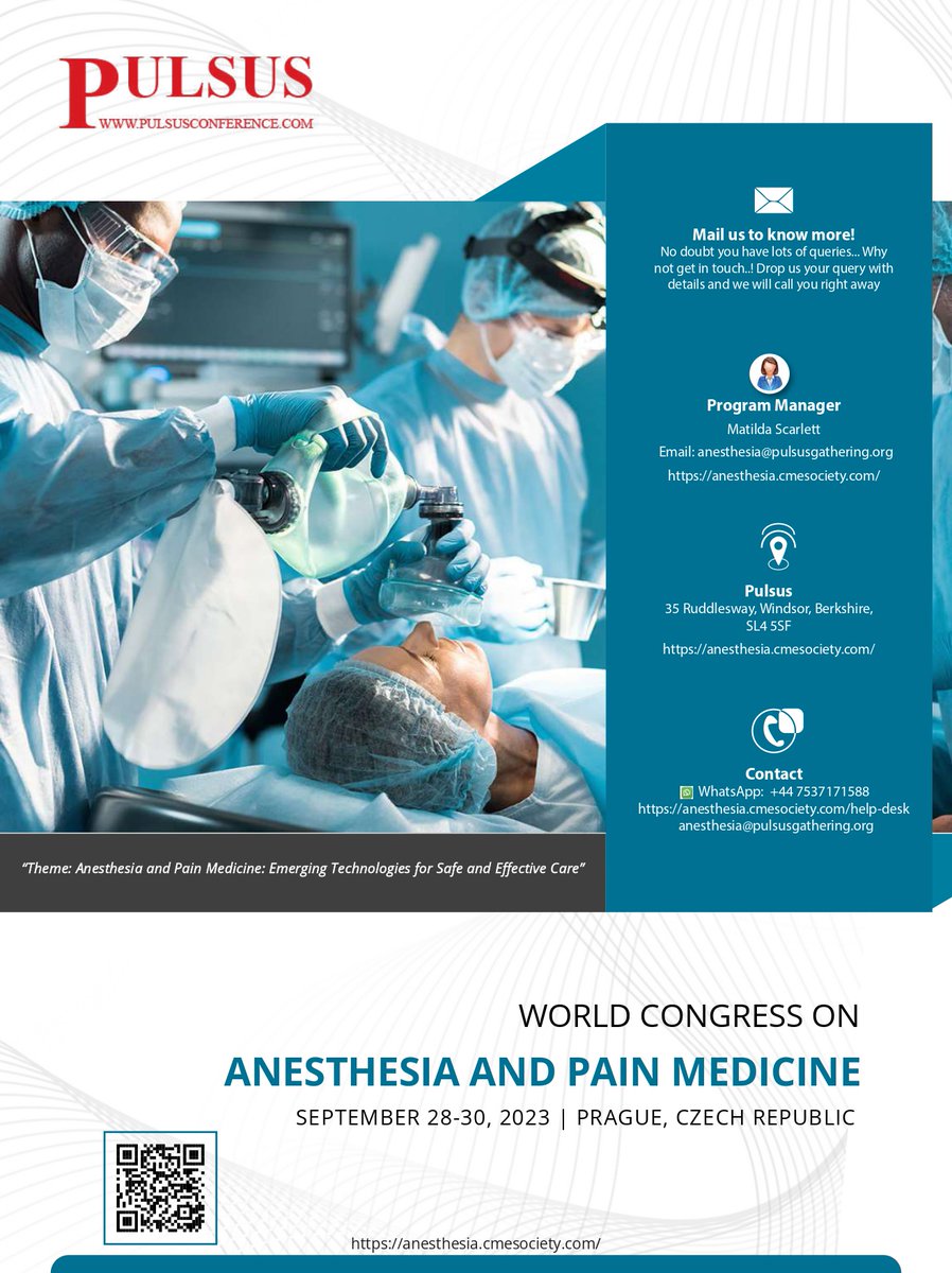 The world's largest Pain Medicine Conference and Gathering for the Research Community, Join the Anesthesiology Conferences at Prague , Czech Republic on September 28-30, 2023.
#anesthesiaconference #cmeconference #painmedicine #anesthesiacongress