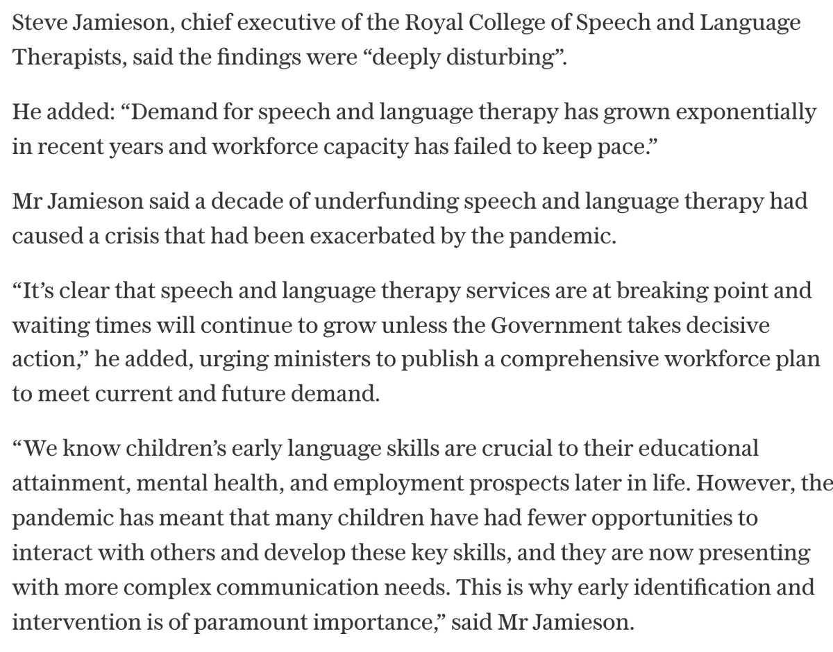 PeterDJust's tweet photo. Great to see @RCSLT's @SteveJamieson12 in this @Telegraph story.

The current crisis in accessing speech therapy (for children &amp; for adults) has been building for years due to failures to:
1) #FundSLT
2) plan the #SLTWorkforce

Let's make our #MondayMotivation sorting this out! https://t.co/MGJ7EYqYDm
