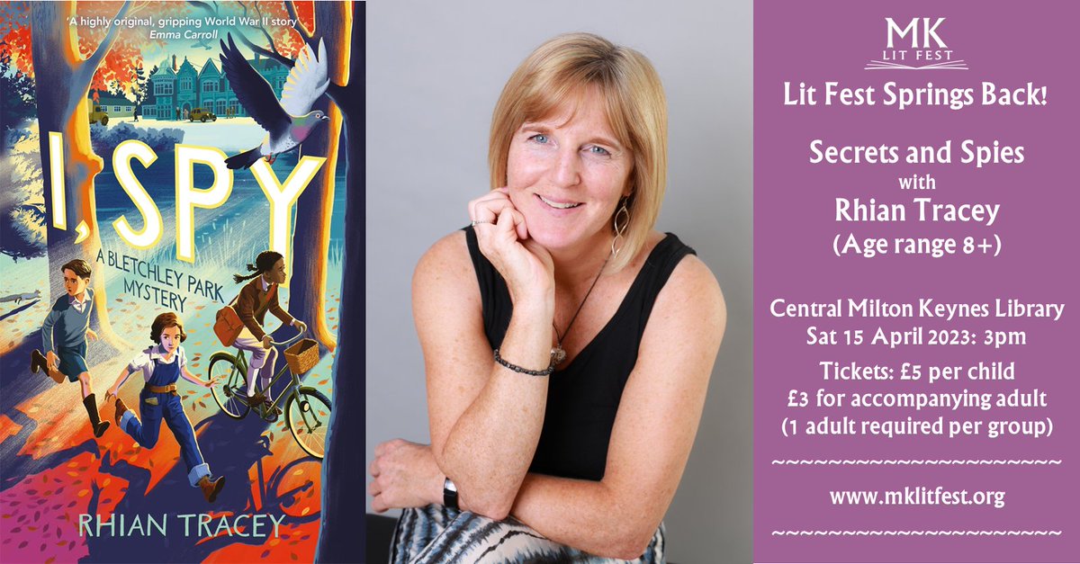 Secrets, codebreakers and spies as @RhianTracey comes to #miltonkeynes with a brilliant #ISPYMystery on 15/4! Join us for a #BletchleyPark thriller! #MGLit 
Tickets: mklitfest.org/i-spy-rhian-tr…

#ChildrensBooks #kidsbooks #miltonkeynes
#miltonkeynesevents #codebreaking #spies