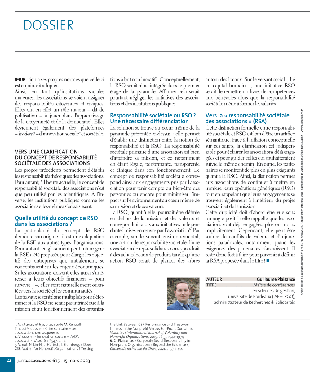 g_plaisance's tweet photo. Que dit la théorie du concept de #responsabilité #sociétale appliqué aux #associations ? Telle est la question que je traite dans le dernier numéro @juris_asso @Dalloz. Les exigences se multiplient (en écho à la #RSE), souvent à raison. Mais il faut poursuivre l'effort réflexif. https://t.co/dtDo3muVP4