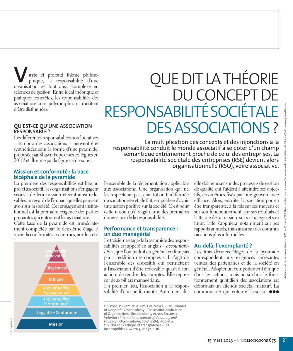g_plaisance's tweet photo. Que dit la théorie du concept de #responsabilité #sociétale appliqué aux #associations ? Telle est la question que je traite dans le dernier numéro @juris_asso @Dalloz. Les exigences se multiplient (en écho à la #RSE), souvent à raison. Mais il faut poursuivre l'effort réflexif. https://t.co/dtDo3muVP4