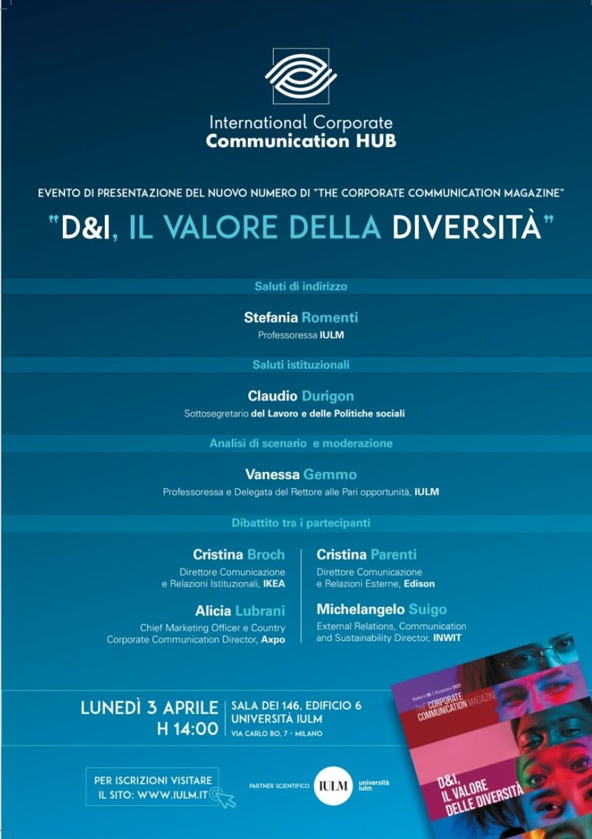 Oggi in <a href="/uniiulm/">Università IULM</a> per "D&amp;I, Il Valore della #Diversità" con <a href="/ClaudioDurigon/">Claudio Durigon</a>
<a href="/SRomenti/">Stefania Romenti</a> <a href="/Joeyetta/">AliciaMatildaLubrani</a> <a href="/axpo/">Axpo</a>
Cristina Broch <a href="/IKEAITALIA/">IKEA</a>
Cristina Parenti <a href="/EdisonNews/">Edison News</a> e Vanessa Gemmo
Live qui youtube.com/watch?v=ceK15m…
#inclusione #diversity
h.14-16, Sala dei 146, #Iulm Milano
<a href="/INWIT_Official/">INWIT</a>