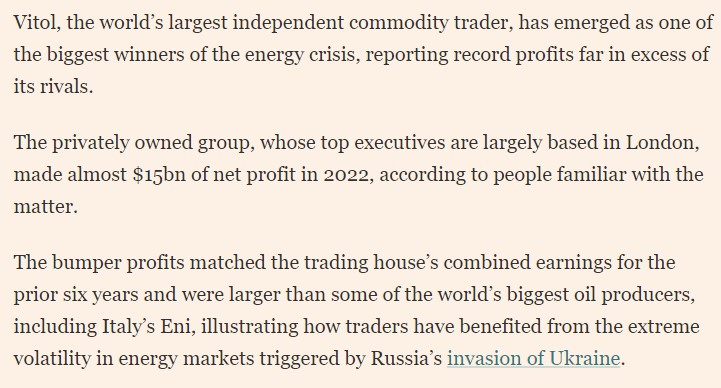 Dünyanın en büyük bağımsız trading şirketi Vitol, 2022'de $15 Milyar net kâr yaptı. Bu rakam, önceki 6 yılın toplamı kadar -- FT.

Vitol profits soar to record $15bn on back of energy crisis  ft.com/content/efdabd…
