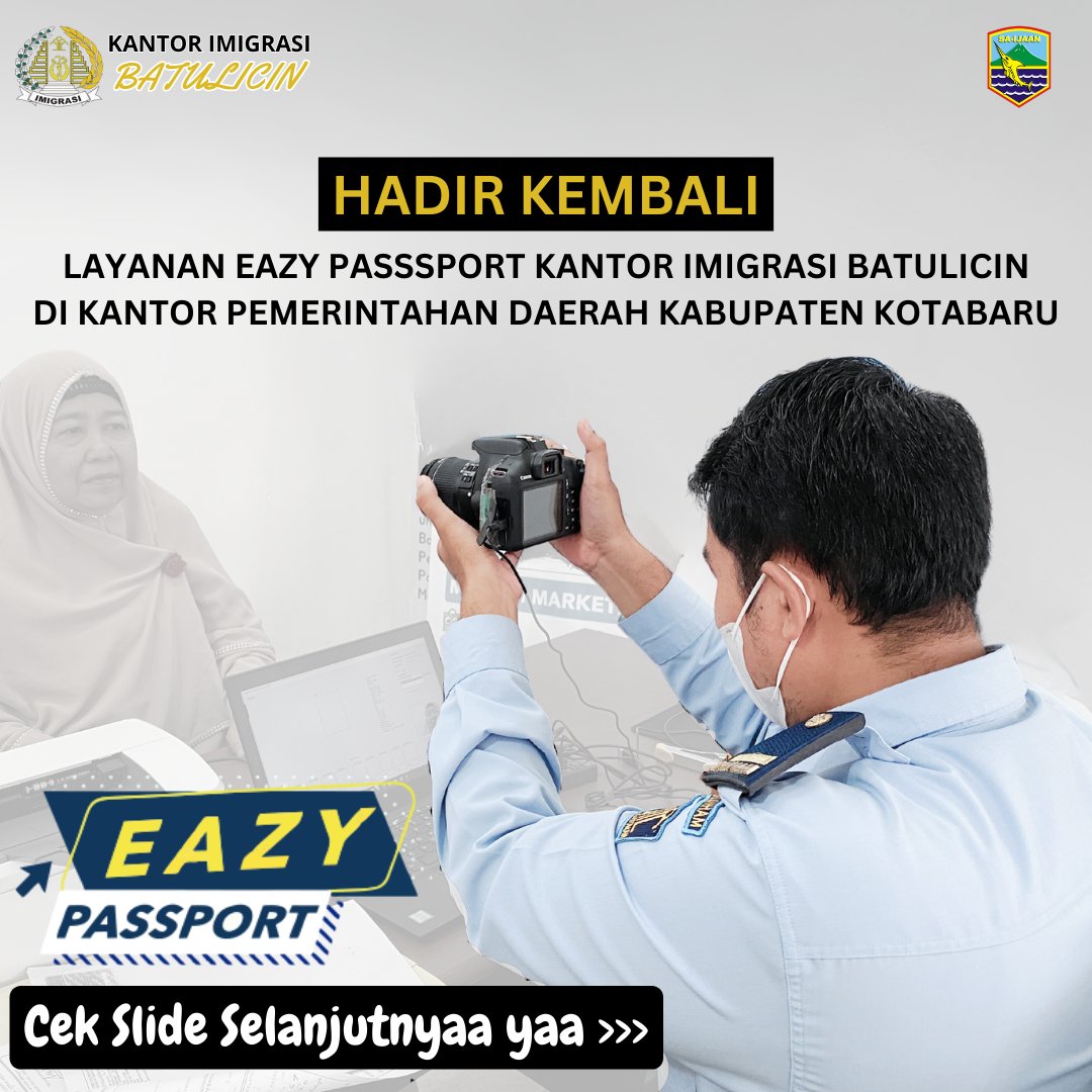 kanimbatulicin's tweet photo. Hai Sobat Si Bimus,

Kabar gembira bagi Sobat Si Bimus yang berada di Kabupaten Kotabaru !!

Kantor Imigrasi Kelas II TPI Batulicin kembali mengadakan Pelayanan Eazy Paspor di Ruang Imigrasi Kantor Pemerintah Kabupaten Kotabaru.

Catat tanggalnya ya..

Sampai ketemu di Kotabaru. https://t.co/Ukmdc4lSjz