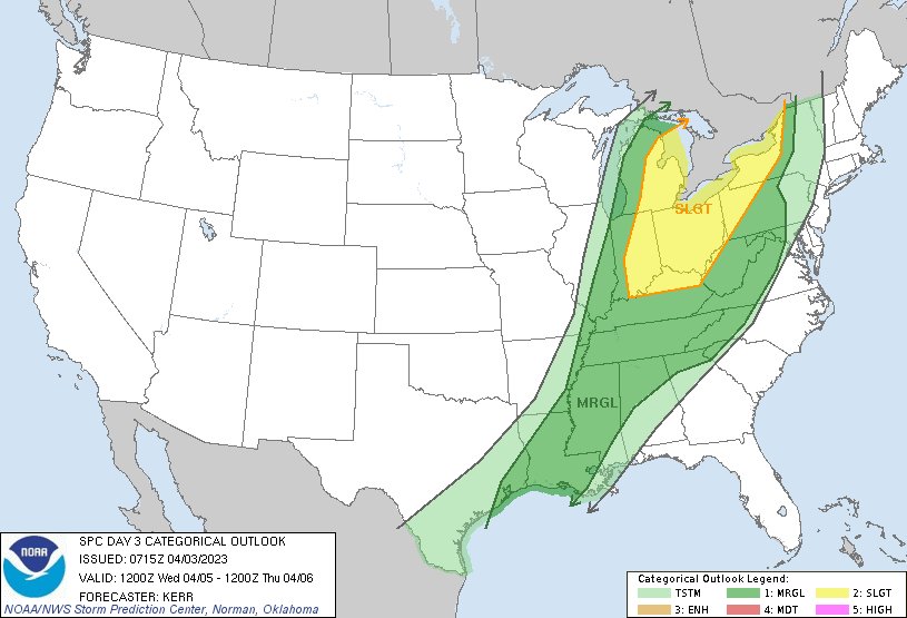 2:17am CDT #SPC Day3 Outlook Slight Risk: Wednesday into Wednesday evening across much of the lower Great Lakes region into lower Ohio Valley spc.noaa.gov/products/outlo…