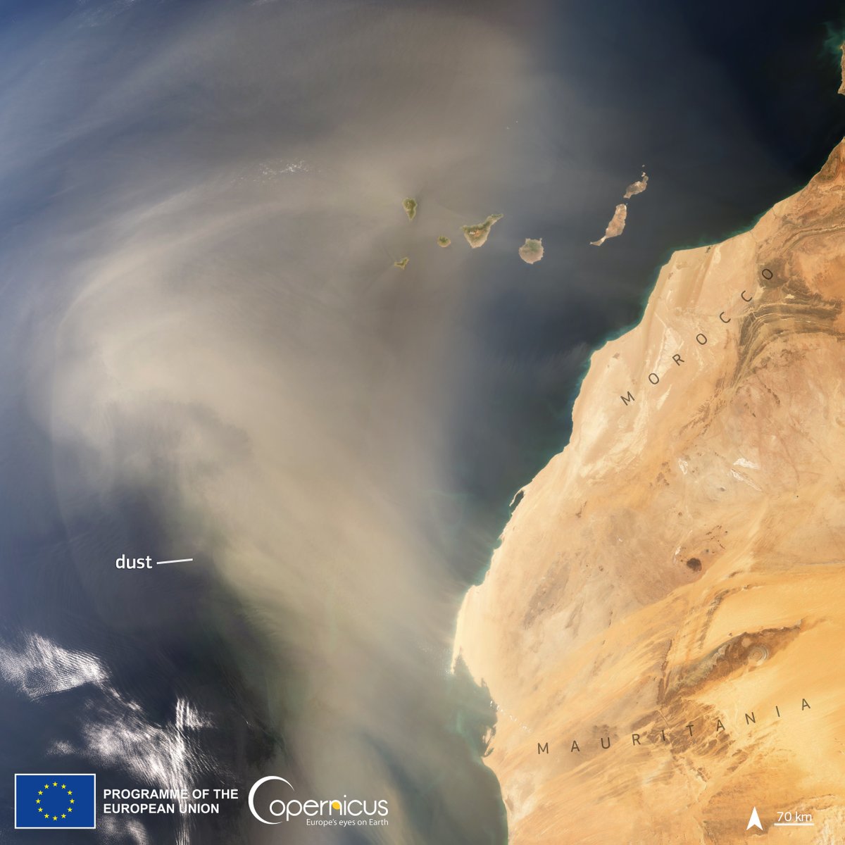 CopernicusEU's tweet photo. #Copernicus for #AirQuality monitoring

In the last few days, a large plume of #Saharan #dust has been travelling from West Africa to the Atlantic Ocean islands such as Canarias  and Cabo Verde, affecting air quality 

⬇️#Sentinel3🇪🇺🛰️ captured this image on 31 March https://t.co/WQzgJpv97U