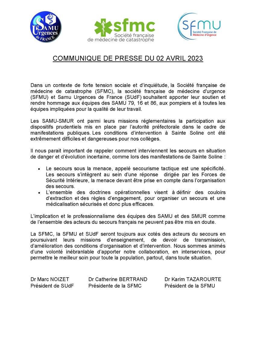 #SainteSoline ❗️L'implication et le professionnalisme des équipes des #SAMU et des #SMUR {...} ne peuvent pas être mis en doute. Nous serons toujours aux côtés des acteurs du secours ✊ @SAMU7912 #SAMU16 #SAMU86 #SFMC