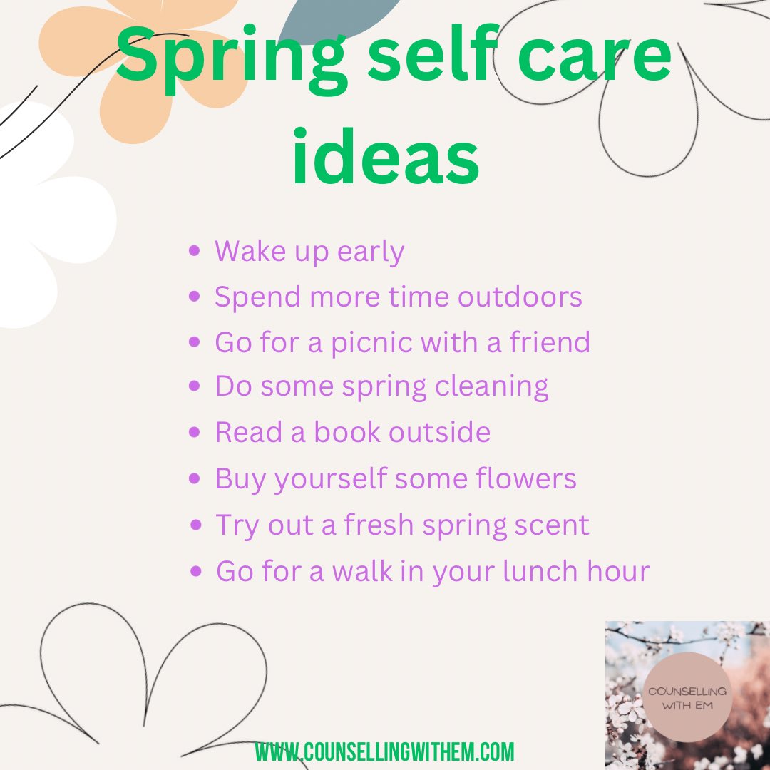 counselling_em's tweet image. Spring is often seen as a time for new beginnings 🌼🌿🦋

Above are some examples of Spring themed self care ideas.  What do you enjoy doing for self care in Spring?

#springtime #springselfcare #selfcare #selfcarethreads #nourish #nourishyourself #wellnessthatworks #selfcaretips
