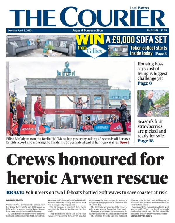 thecourieruk's tweet photo. Good morning from The Courier.

In today's Dundee and Angus edition:

• @EilishMccolgan wins Berlin Half Marathon

• Angus @RNLI crews recognised for their bravery during #StormArwen: https://t.co/rj51T7hMJa

• Angus strawberries ready to hit shelves: https://t.co/iAtpbgYYJT https://t.co/n4mLpUofgN