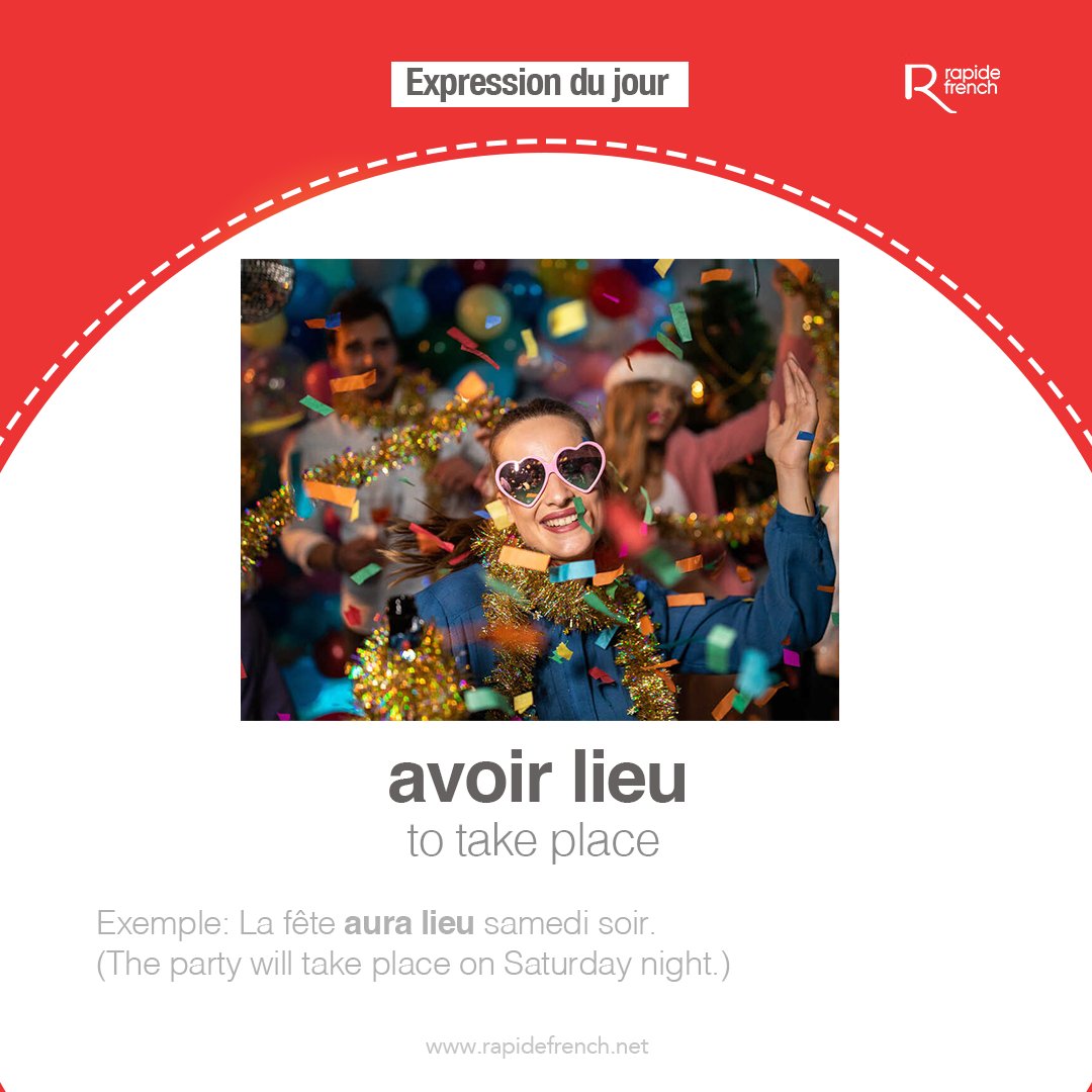 rapide_french's tweet photo. Expression du jour๐
Avoir lieuโ
โ
โ
โ
To take place โ
โ
โ
Now it's your turn, talk about an event using this expression.
#expressions #expressiondujour #dailyfrenchexpression #dailyexpressions #wordoftheday #motdujour #french #frenchlanguage #frenchlearning #rapidefrench https://t.co/XziSrnRpuM