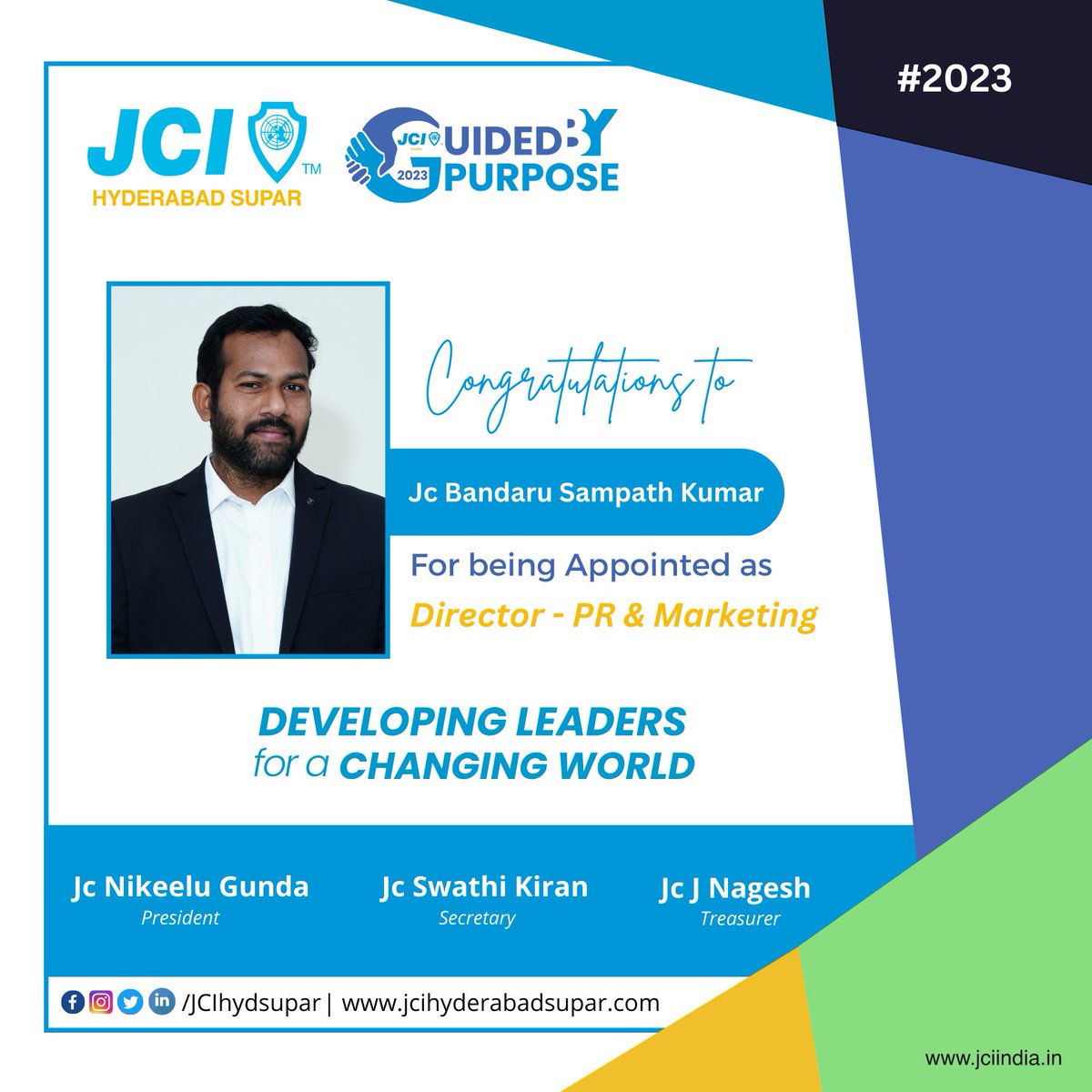 jcihydsupar's tweet photo. Congratulations to Jc Bandaru Sampath Kumar for being Appointed as Director - PR &amp; Marketing for the Year 2023. 🥳 🎉 🤩 😍⭐ 💫 ⚡ 

- Team JCI Hyderabad SUPAR

#JCIHyderabadSUPAR #JCIIndia #GuidedbyPurpose https://t.co/jU9D7ttdY3