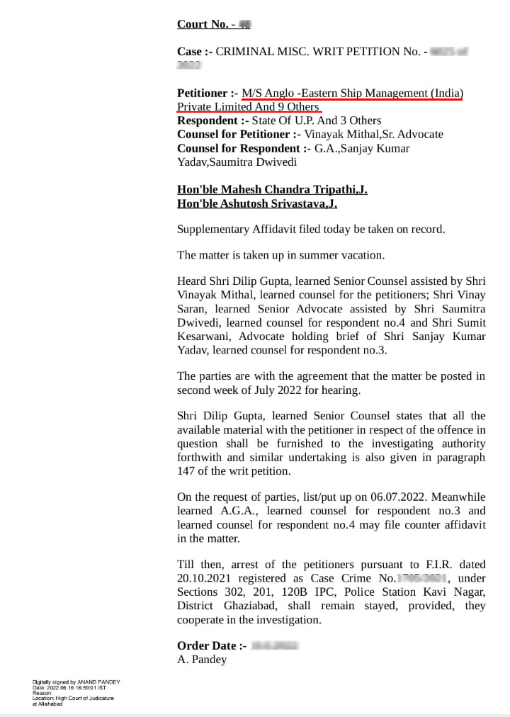 seaandcoast1's tweet photo. With respect to our previous tweets regarding Anglo Eastern Ship Management and their recent claims, we would like to issue some clarifications:
1. The job of Sea and Coast as a media group is to report only facts, and not make uninformed "claims".
2. Sea and Coast possesses the copies of FIRs and Stay on arrest on the the company officials with all the relevant sections mentioned. No news was published without a proper verification. Total 12 Name was in FIR .
3. As regards to the news of arrests we didn't tweeted that officials have arrested , the company officials has got a stay on the arrest order, but only under the conditions that they cooperate with police investigation.
4. Stay orders are only taken by people who are either having an arrest warrant issued against them, or are scared of something uncomfortable being revealed.
The viral messages being circulated around by Anglo-Eastern Ship Management are nothing but malicious and Bogus attempts to defame our organization and cover up the actual truth, the viral WhatsApp message is just a stunt of Damage Control
Here is the order's Copy for the Reference. And Western Medias example : Tradewings (BOB RUST) are trying Bring us Down they tried to speak with us but we avoided them. now i request trade wing put down that fake News , Hon'ble court is there it is baba's State and we trust the UP Police and Chief minister Hon'ble shri Yogi Adityanath ji,
@amrita881974 @ShipNews @WSC_shipping @htTweets @dperi84 @shipmin_india @FsuiManoj @ITFglobalunion @FSUIINDIA @AkshayDongare_ @BM_BlueD @AsMarina2022 @prakharkgupta @IMOsecurity @justinburke @ajitkdubey @RamdasAthawale